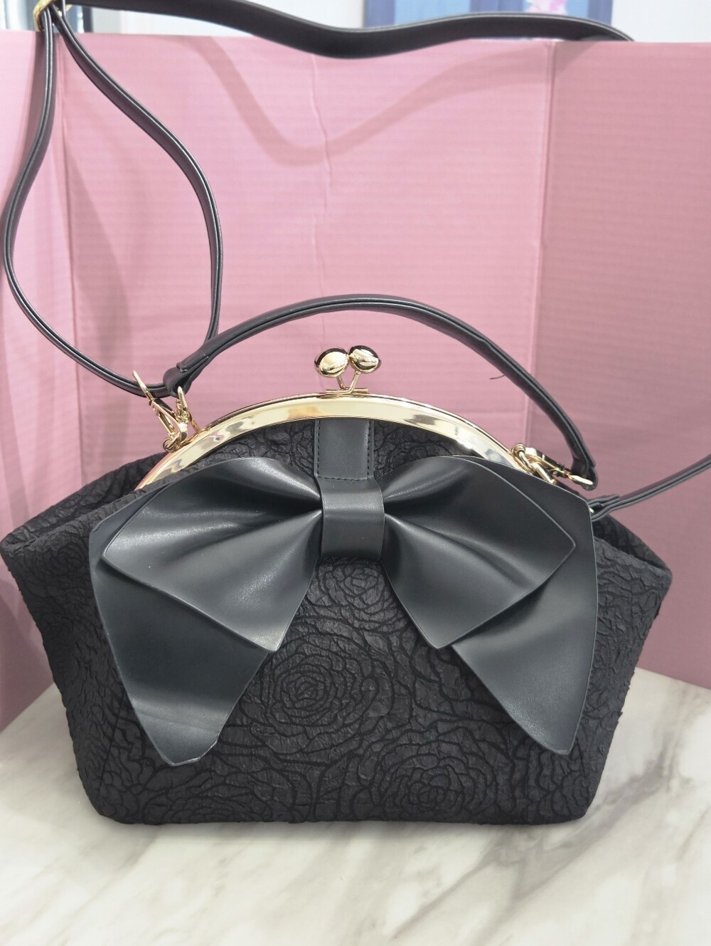 DIOPHY Bow Accent Kiss Lock Satchel Black Rose Handbag MH-LS7108